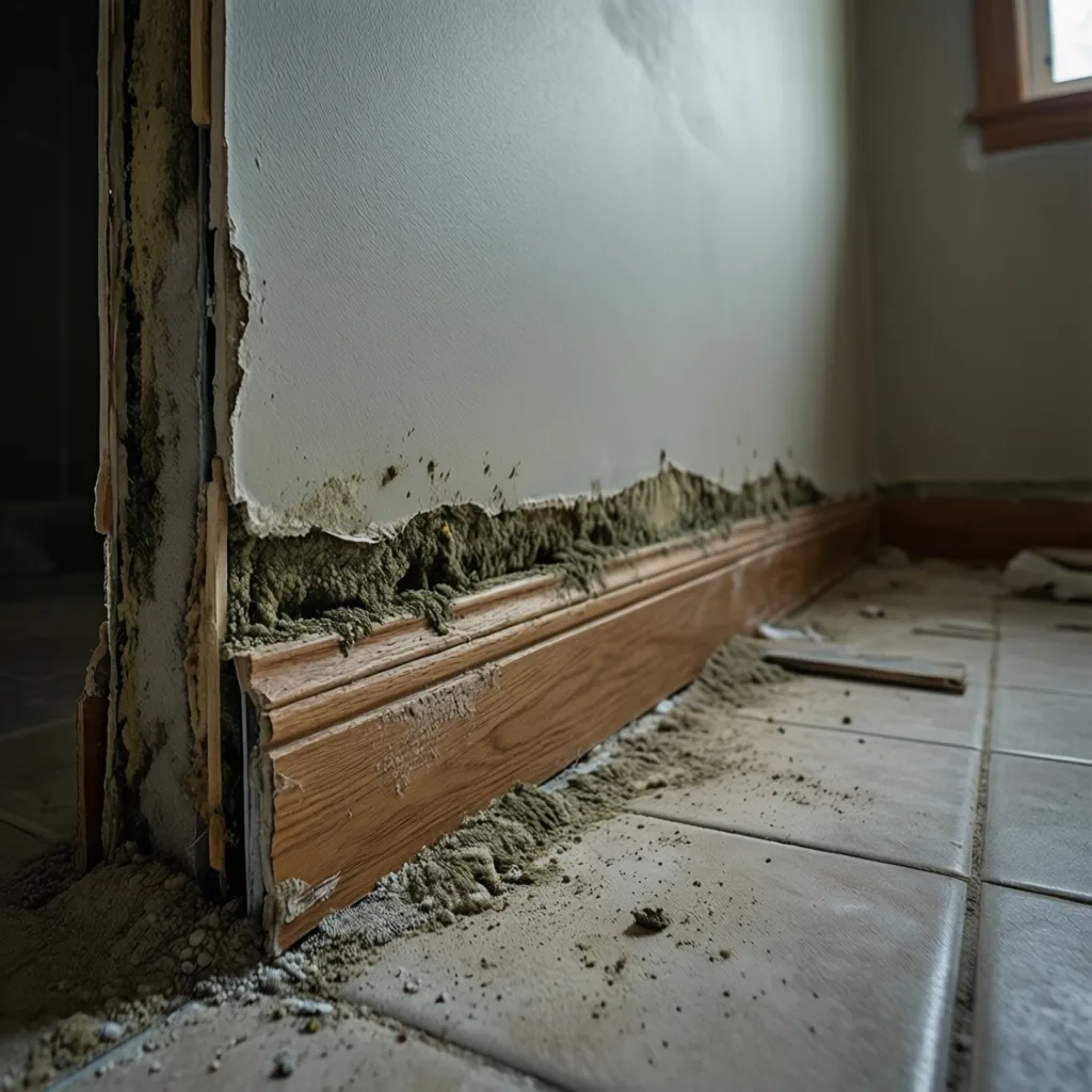 mold growth behind removed bathroom baseboard trim