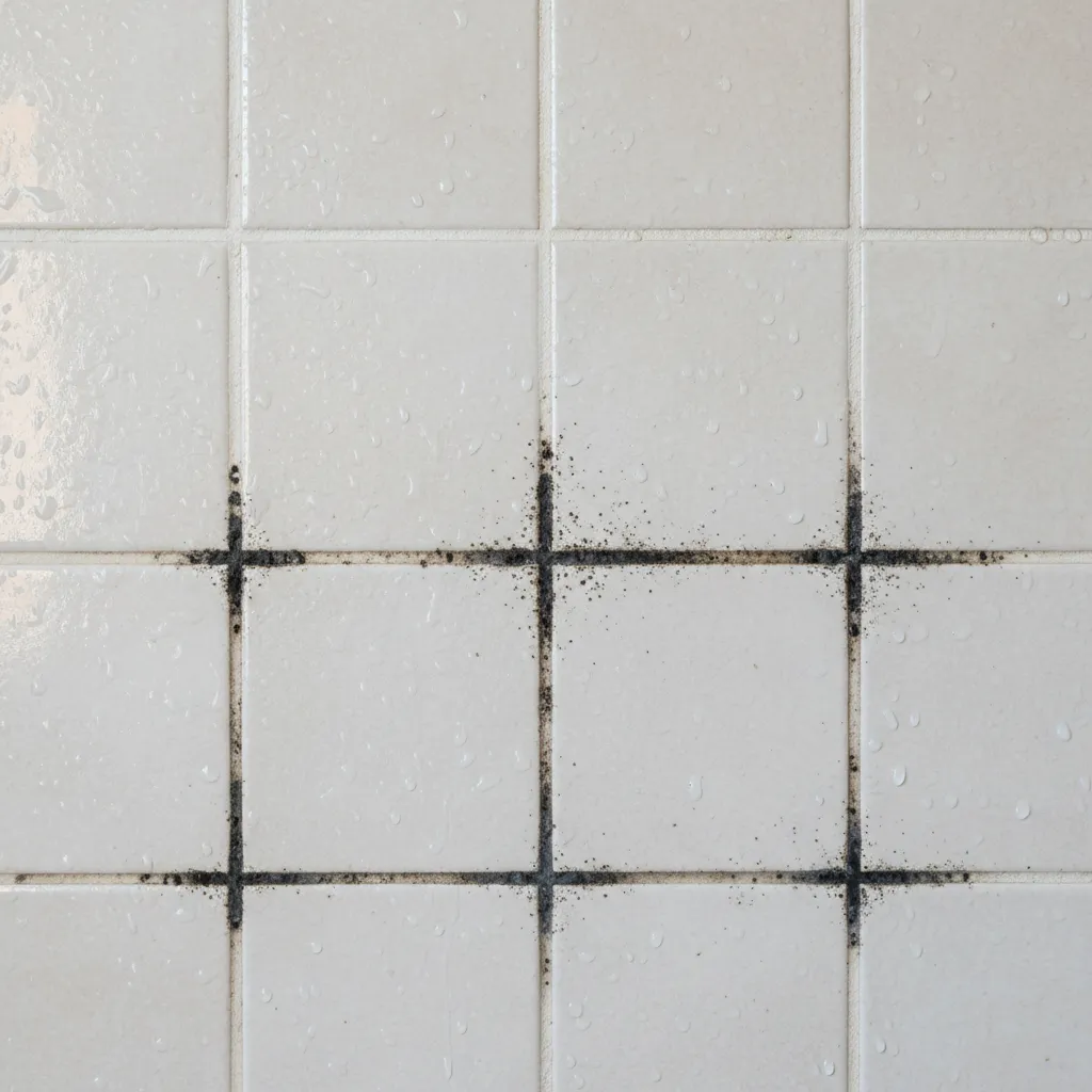 Close view of mold growing along grout lines of bathroom wall tiles