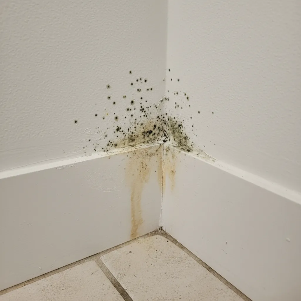 Early mold spots forming on moisture resistant drywall near a bathroom corner