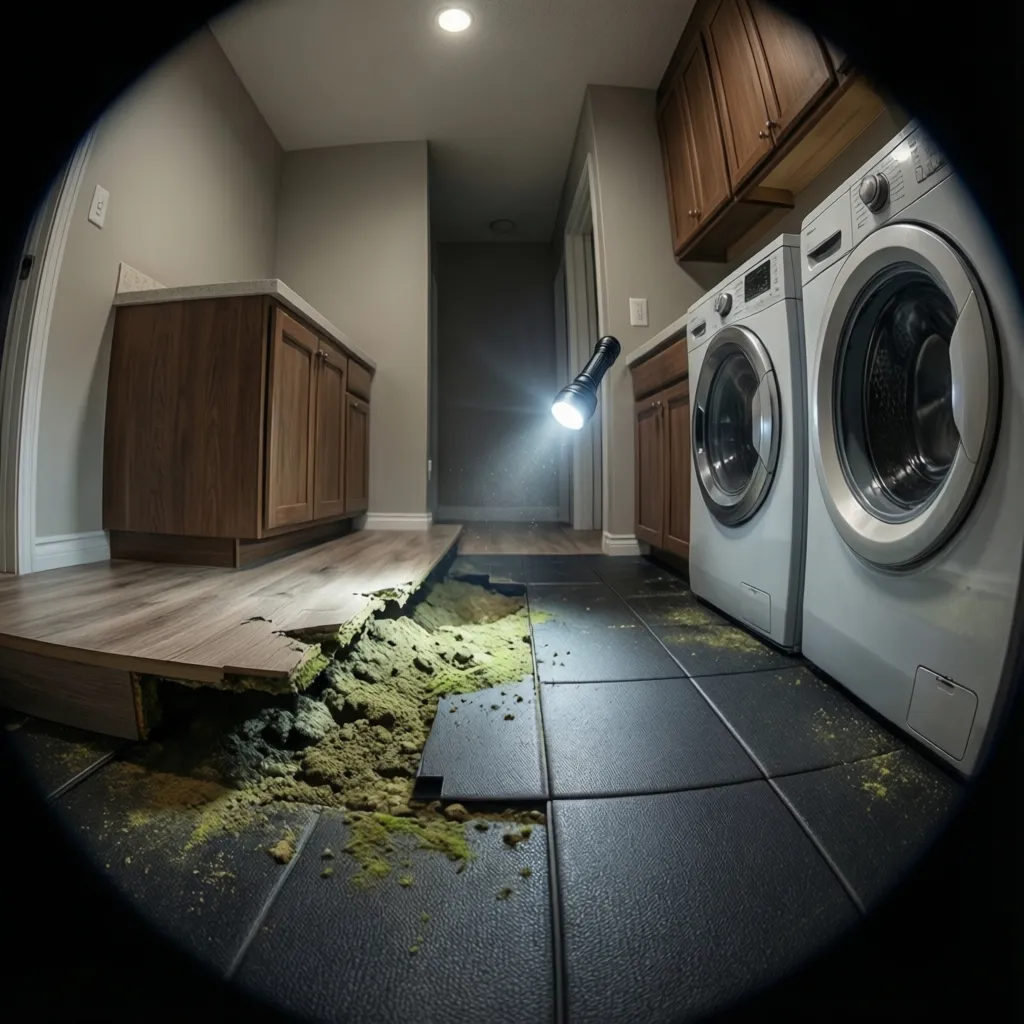 Inspection of mold developing beneath lifted laundry room rubber flooring