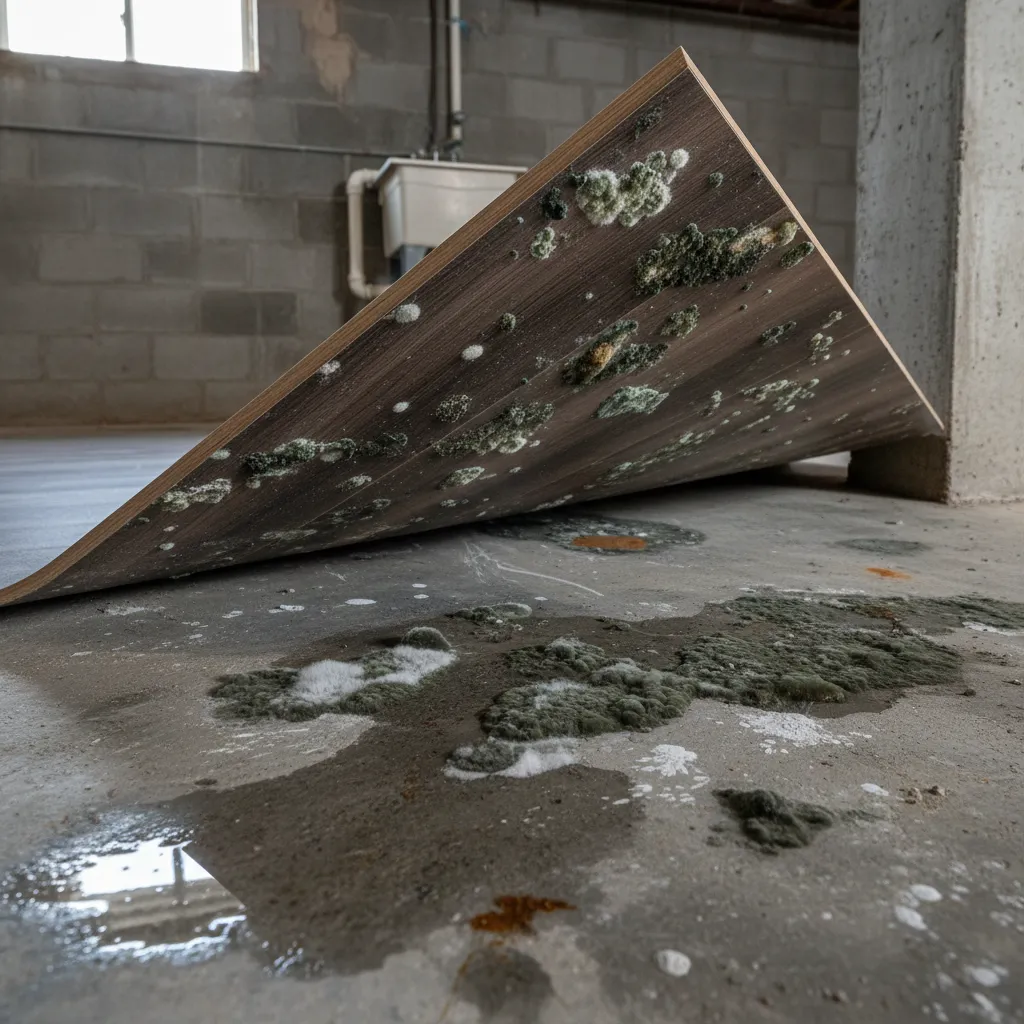Lifted vinyl plank showing mold underneath basement flooring