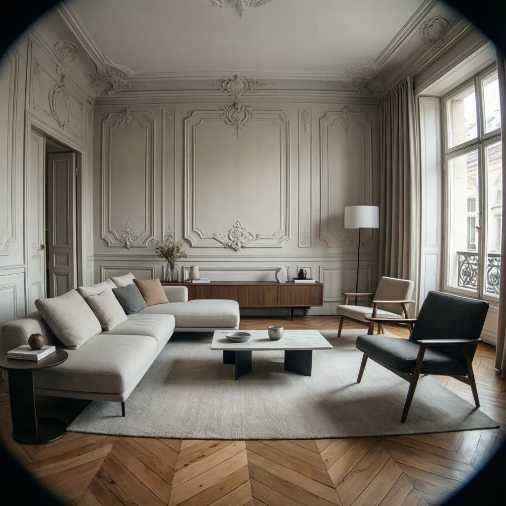 Pared con molduras clásicas combinada con mobiliario contemporáneo