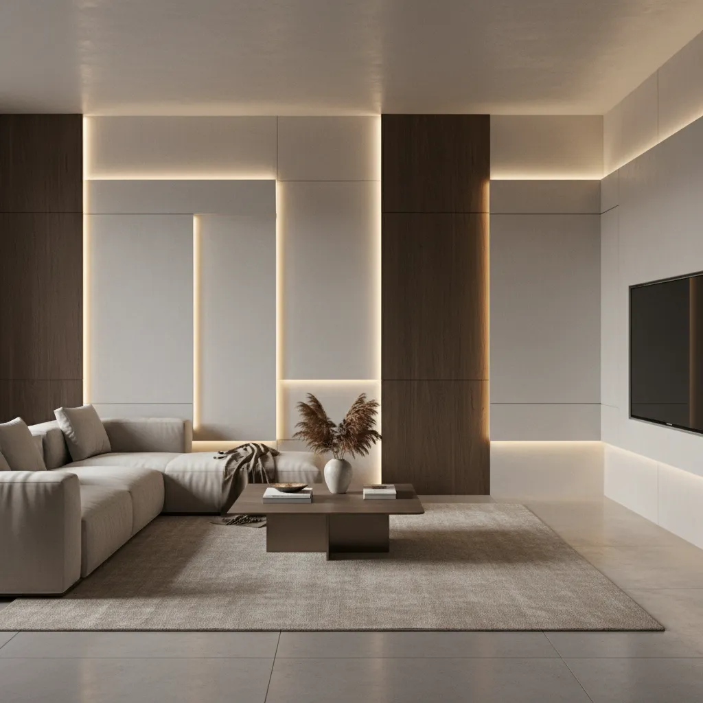 Modern living room with wall panel lighting, grey sofa, coffee table, and large wall TV