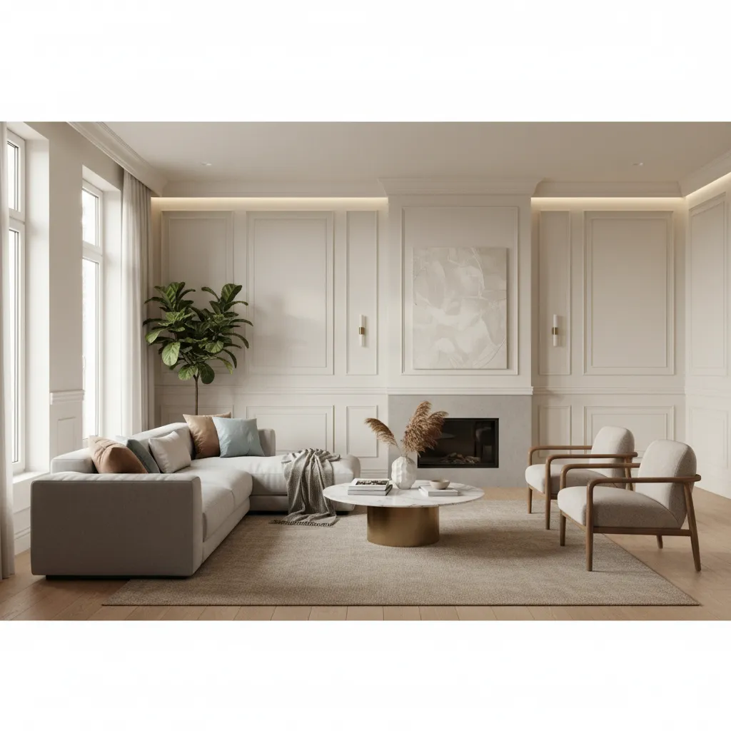 Modern living room with white wall panels sofa two chairs coffee table fireplace and plant