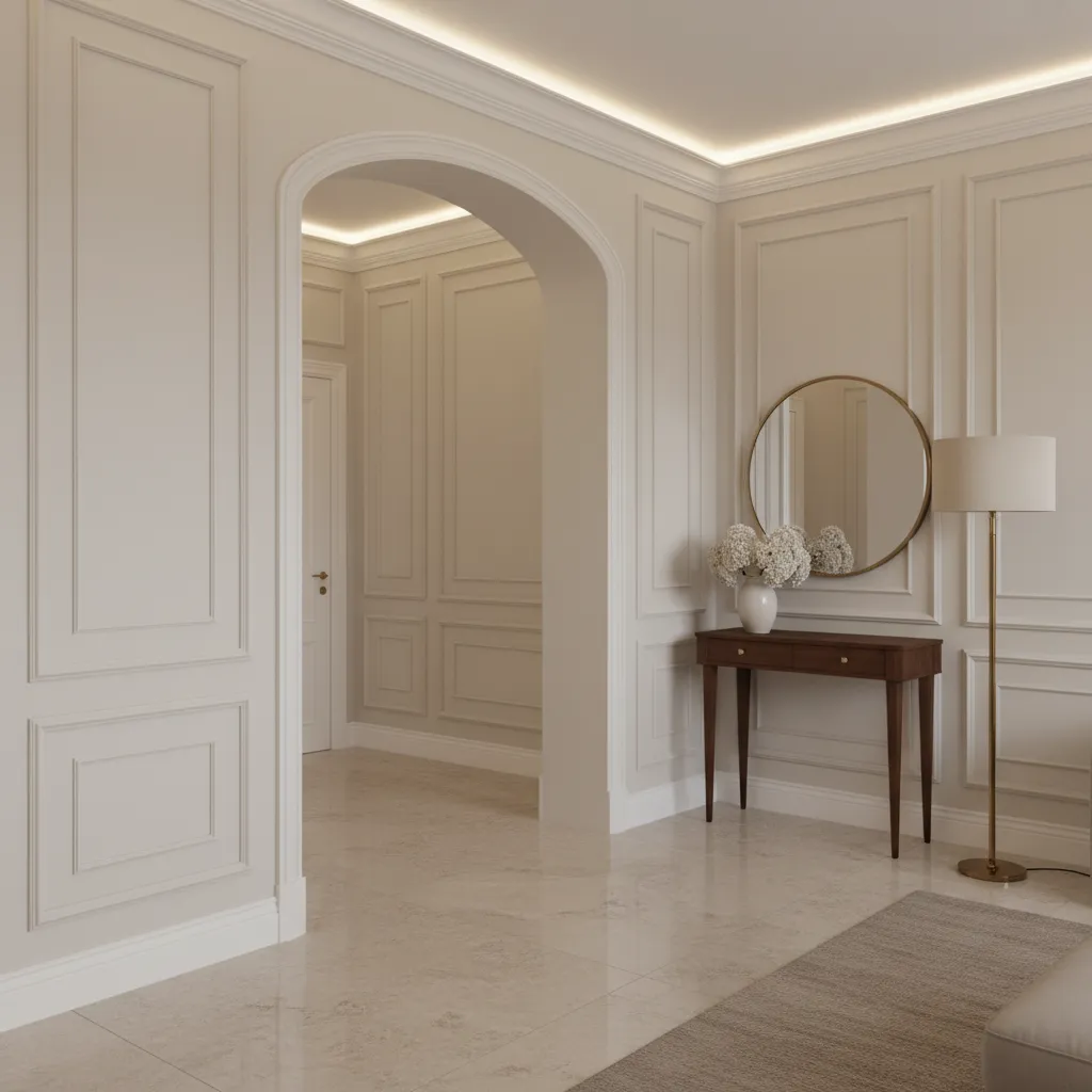 Elegant entryway featuring white wall panels arched doorway round mirror wooden table and floor lamp