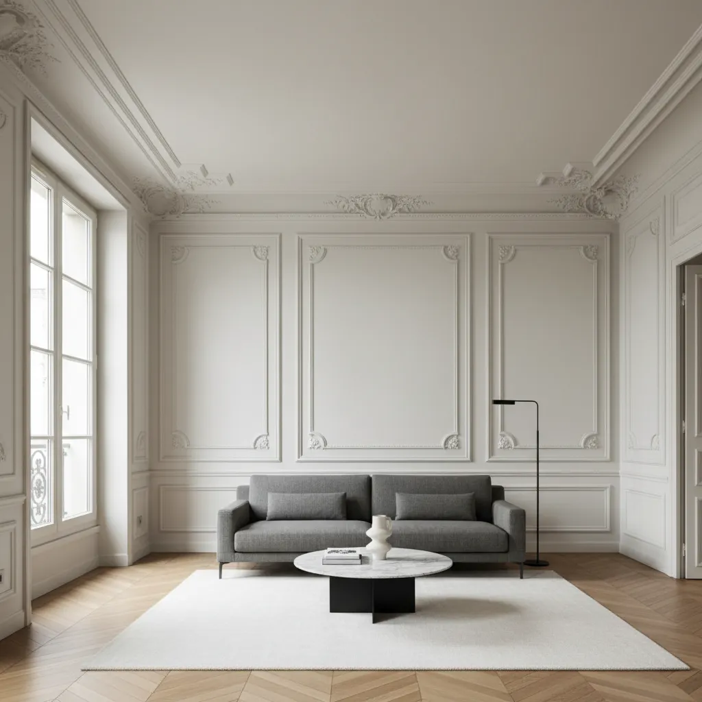 White living room with wall panel grey sofa marble coffee table floor lamp and rug