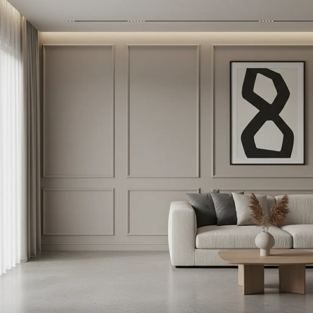 Modern living room with beige wall panels white sofa wood table and a black painting