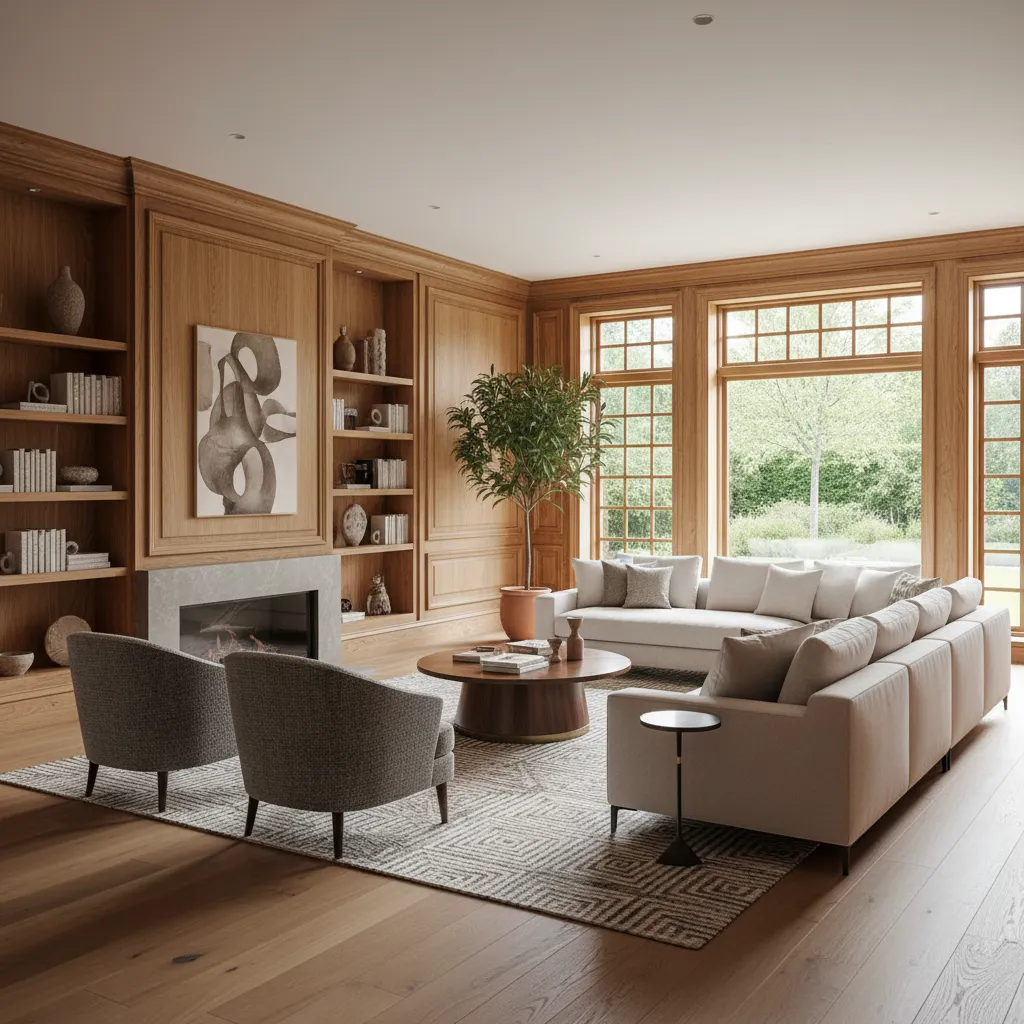 Large living room with wooden wall panel, fireplace, grey chairs, beige sofa, and natural light