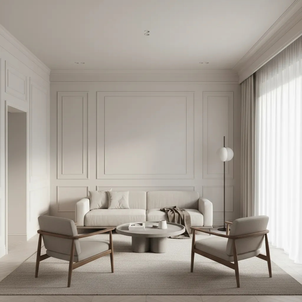 Minimalist living room with white sofa two chairs round coffee table and decorative wall panel