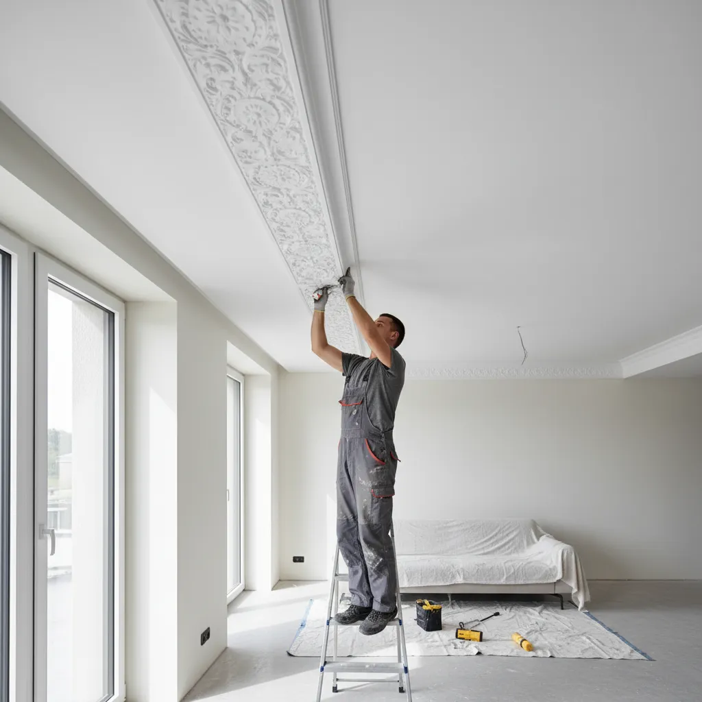 Instalación de molduras de poliestireno en el techo de un salón