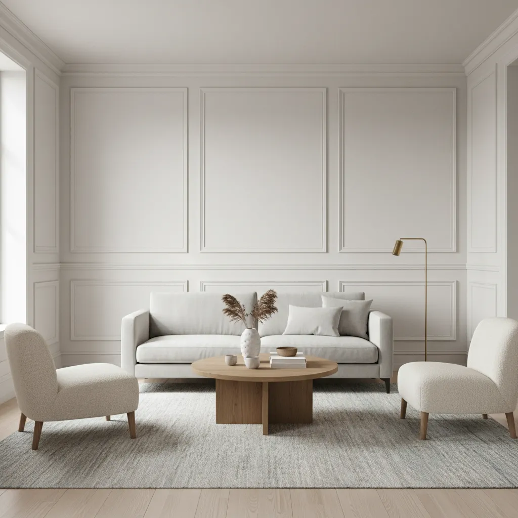 Pared con molduras clásicas minimalistas en un salón pequeño
