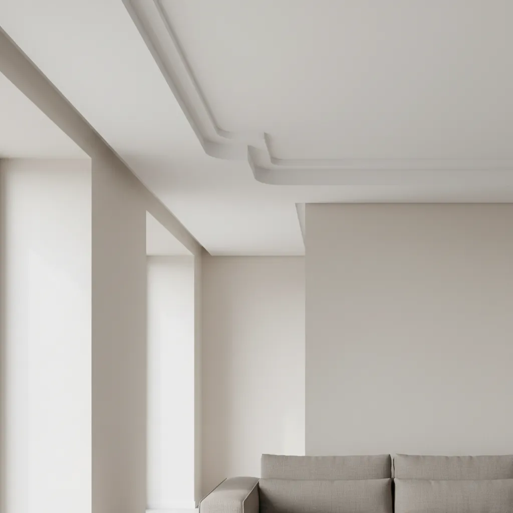 Close up of a modern white ceiling with tiered decorative layers above neutral colored walls