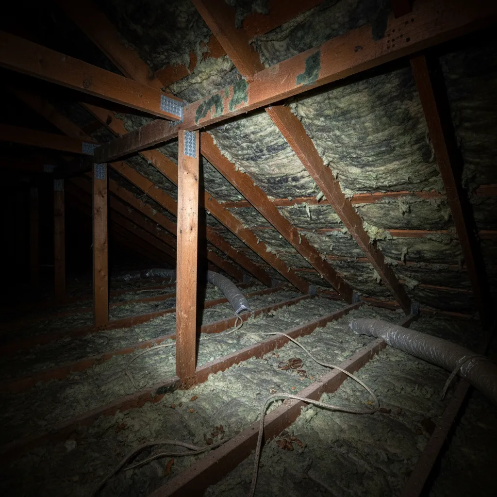Mold patches appearing on attic insulation and wood framing