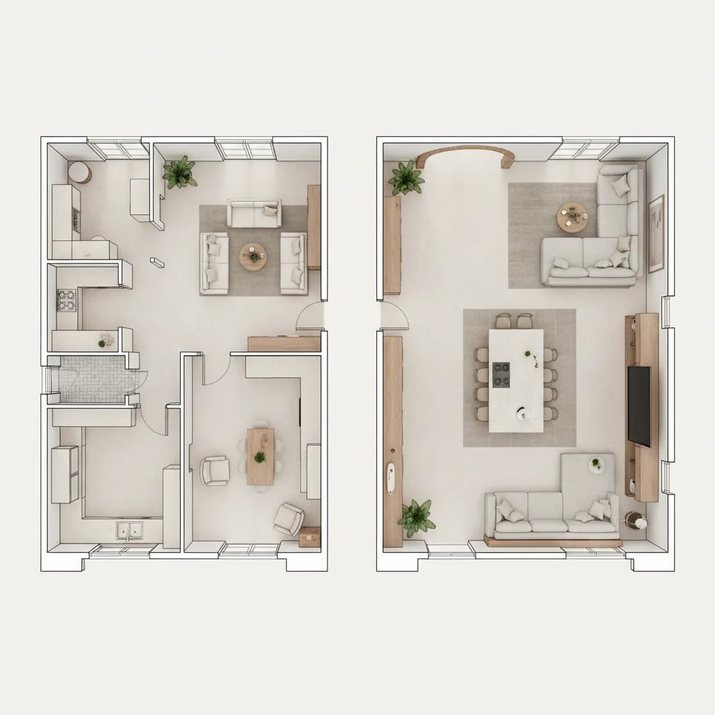 Plano de distribución de una casa con zonas abiertas entre cocina y salón