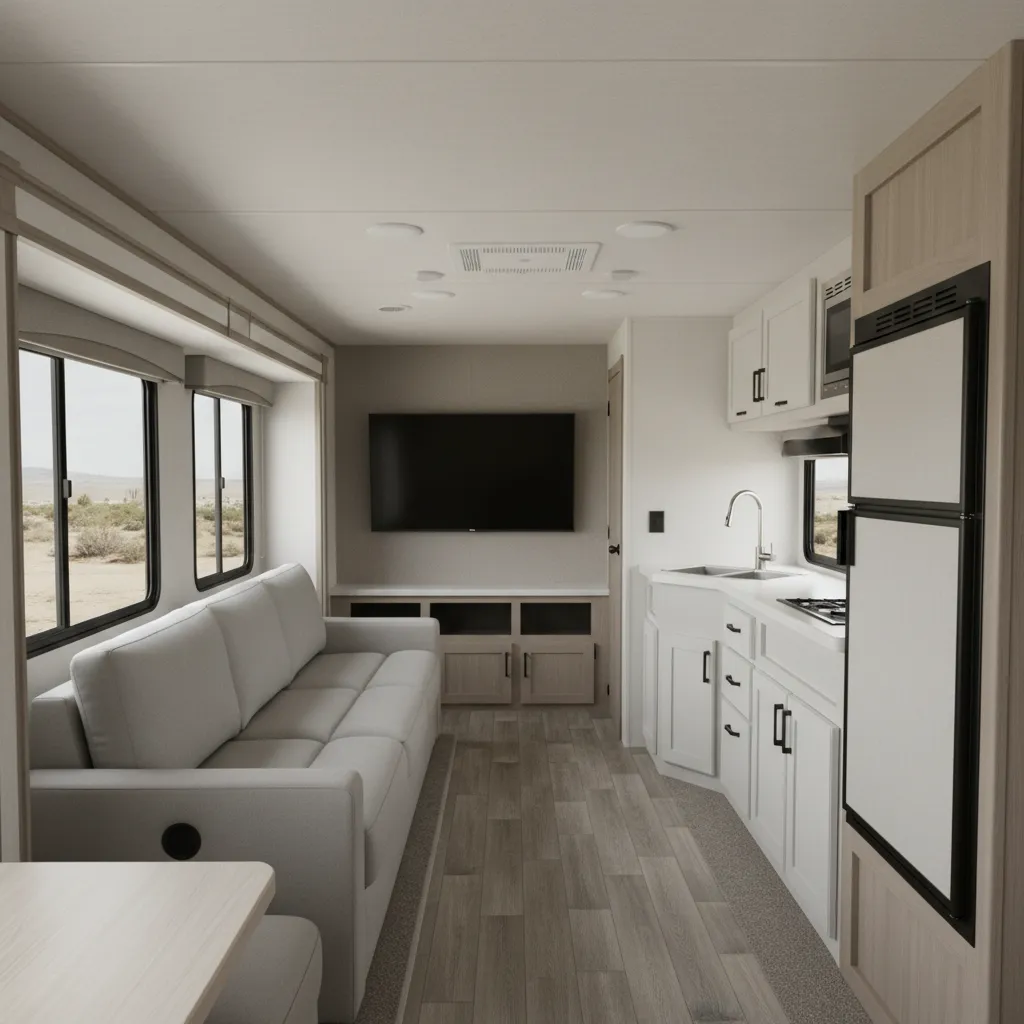 Momentum G Class RV living room and kitchen layout