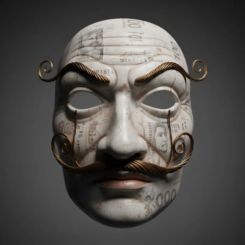 Primer plano de la máscara de Dalí mostrando el bigote y la expresión