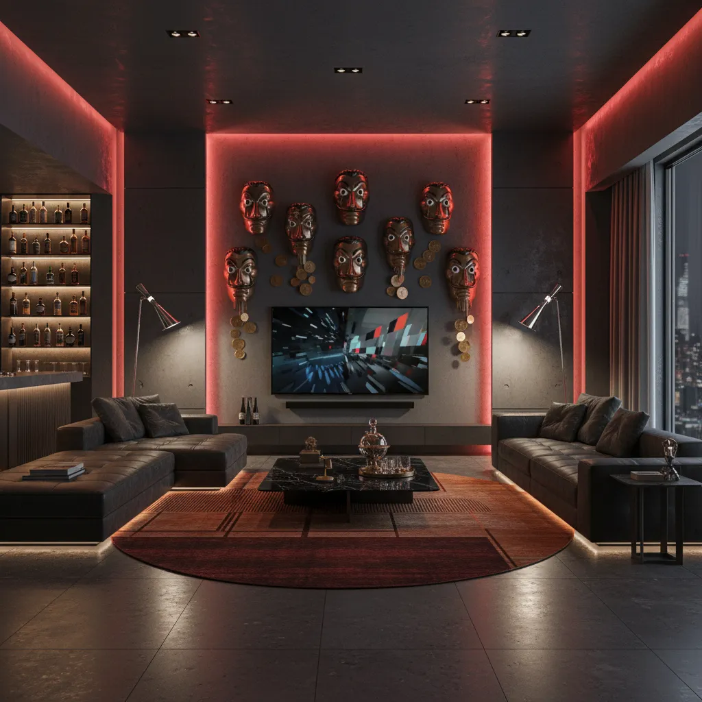 Habitación temática decorada con máscaras de La Casa de Papel