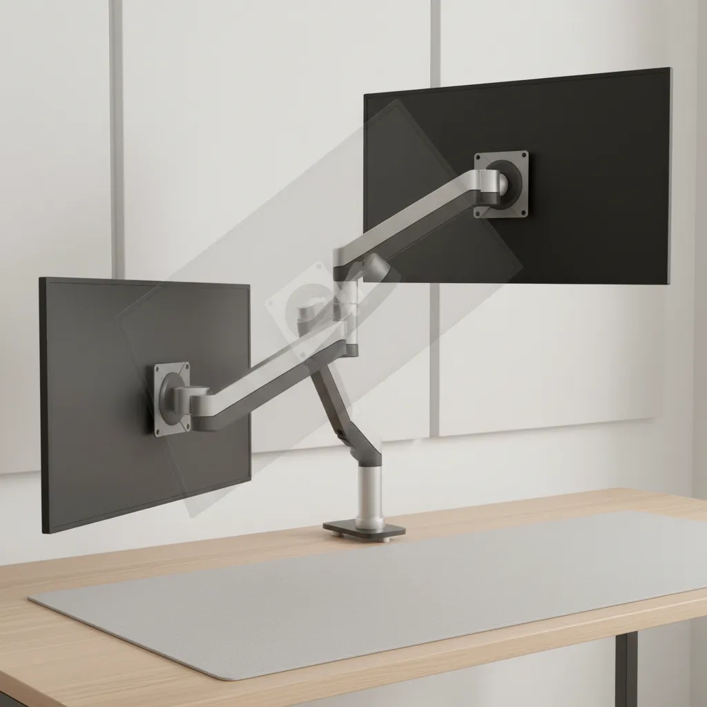 Monitor arm demonstrating tilt, swivel and height adjustments