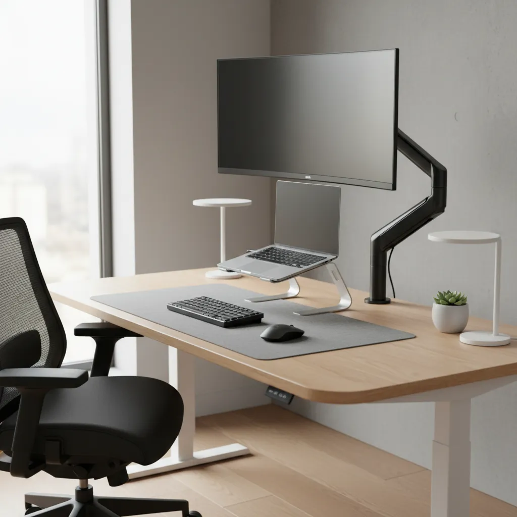 Home office desk with monitor positioned at eye level for ergonomic posture