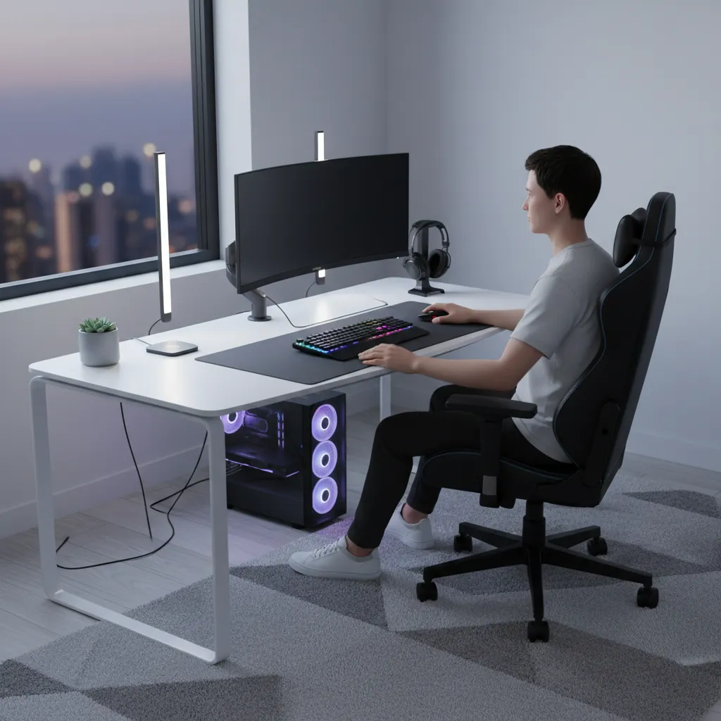 Gaming desk showing correct monitor height and viewing distance