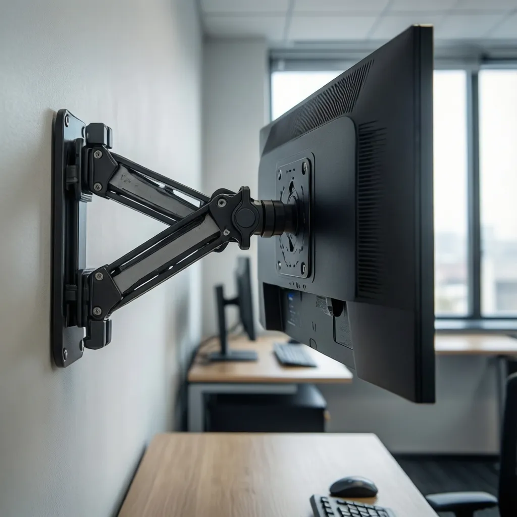 Monitor attached to wall mount arm demonstrating weight balance and bracket support
