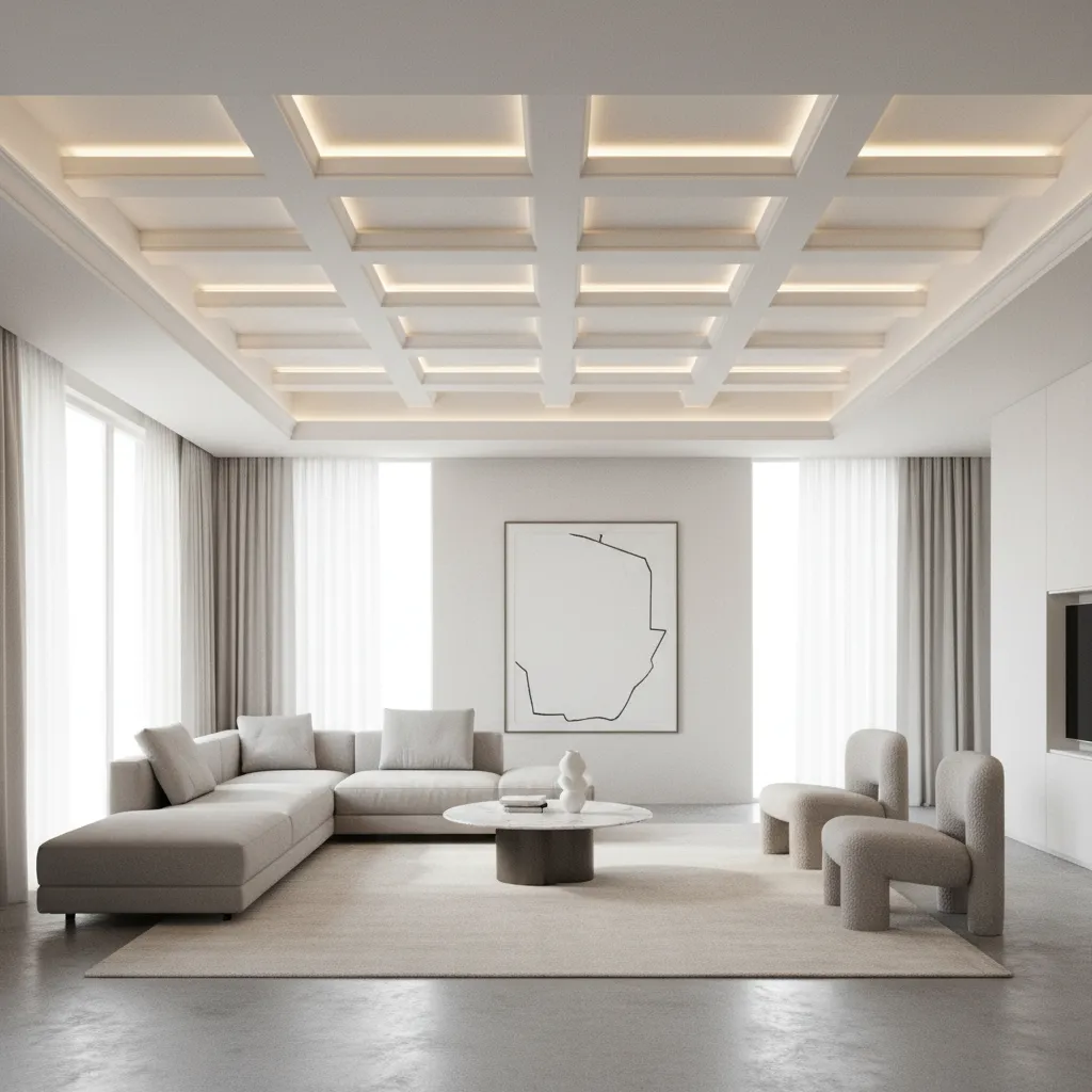 monochrome white coffered ceiling in modern living room