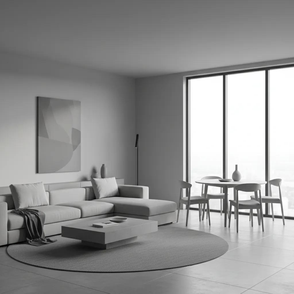 Monochromatic color palette used in open living and dining room interior