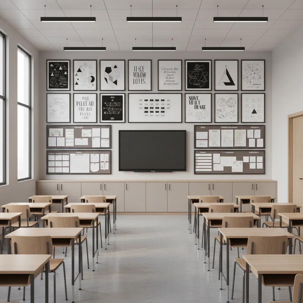 classroom wall layout showing balanced black and white poster distribution