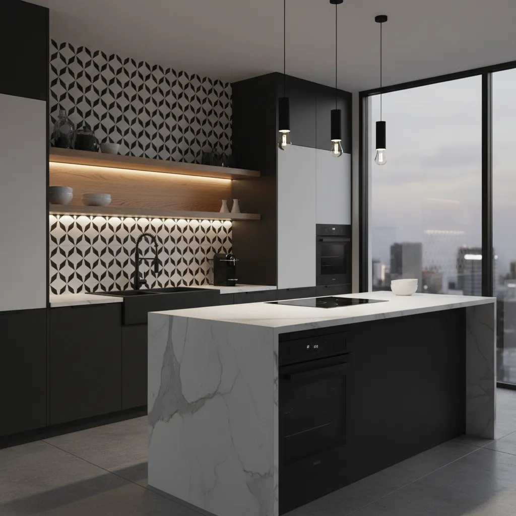 Black and white tile kitchen with wooden shelves and warm lighting