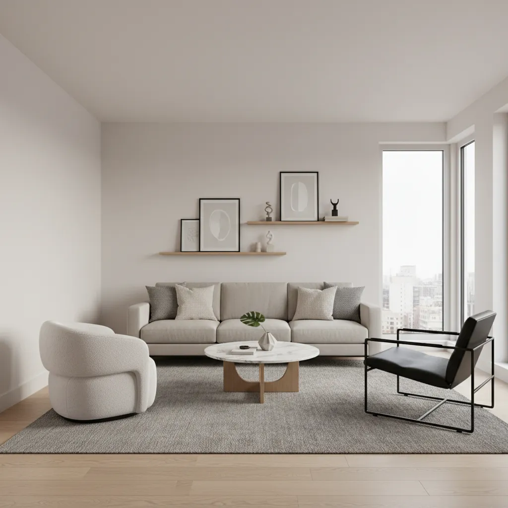 Small living room with balanced black and white accent chairs and neutral sofa