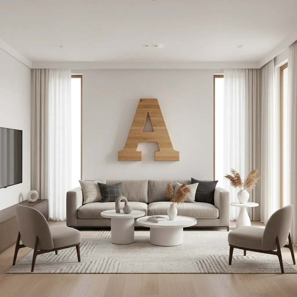 large wooden monogram wall decor above sofa in modern living room