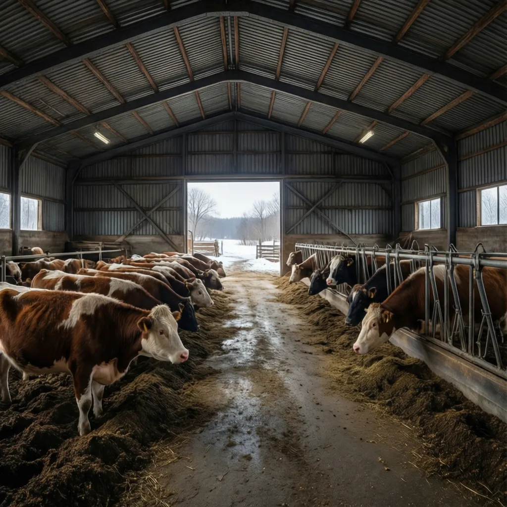 Modern monoslope beef steer barn with open front bedding pack and feeding alley