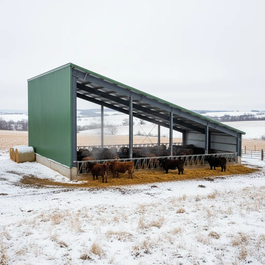 monoslope beef cattle barn structure showing open south facing side