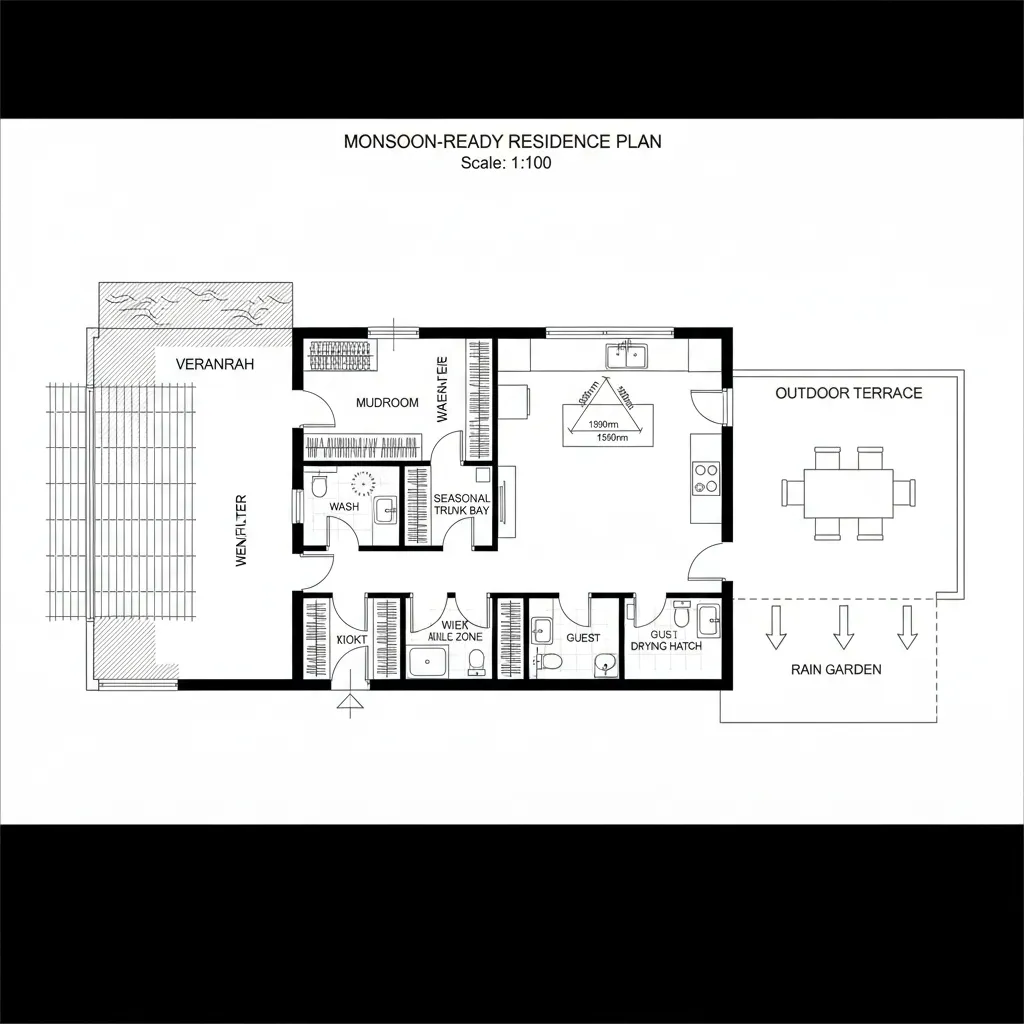Top-down CAD plan highlighting verandahs, mudroom, wash, and rain garden drainage