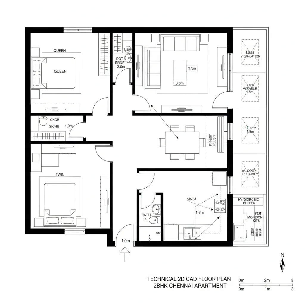 Technical floor plan for two bedroom apartment showing living room kitchen dining area and balcony space