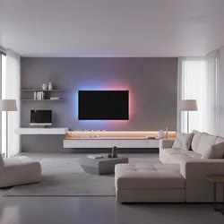 Modern living room with colorful lights behind the TV plus white sofa and floor lamp