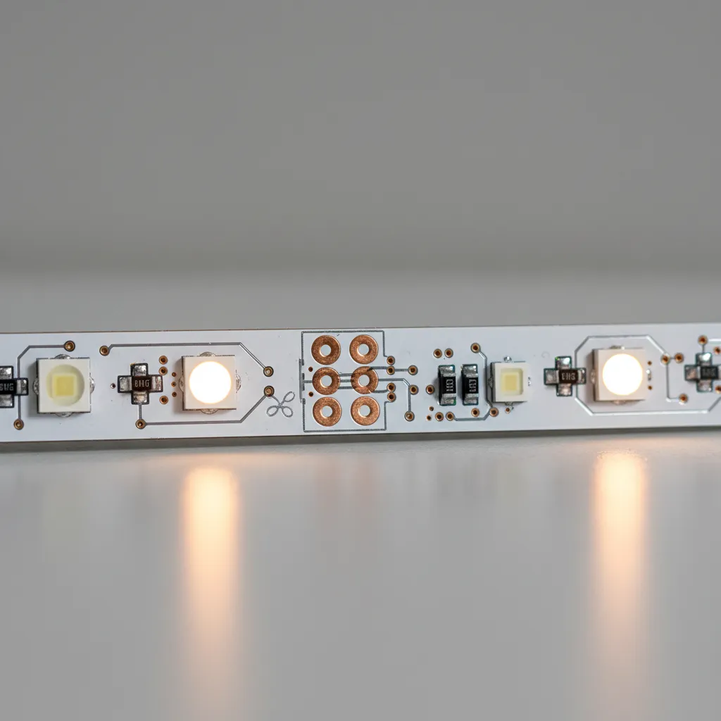 close-up of LED strip showing scissor cut marks and copper pads