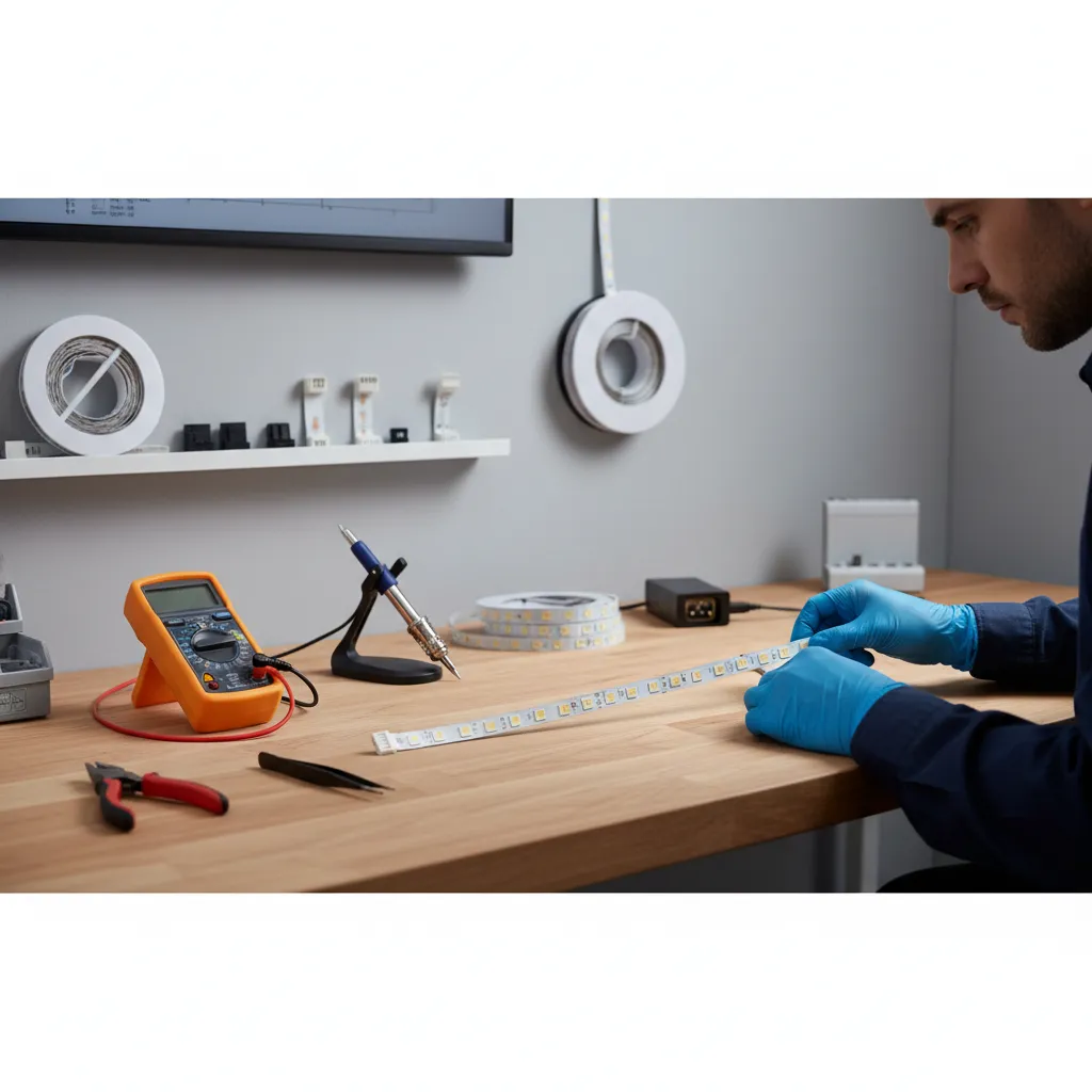 A person holding a cut LED light strip on a desk with multimeter and tools