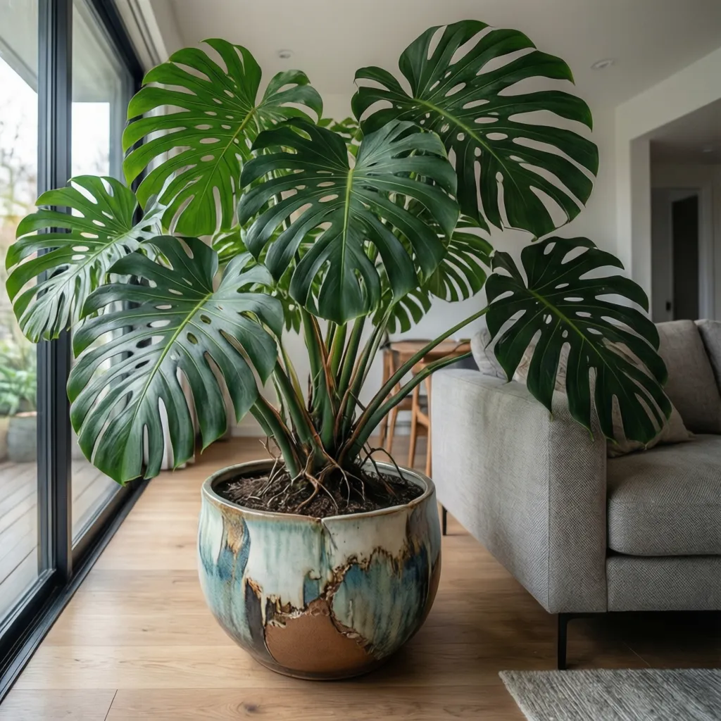 Large green plant in ceramic pot placed next to grey sofa in modern living room