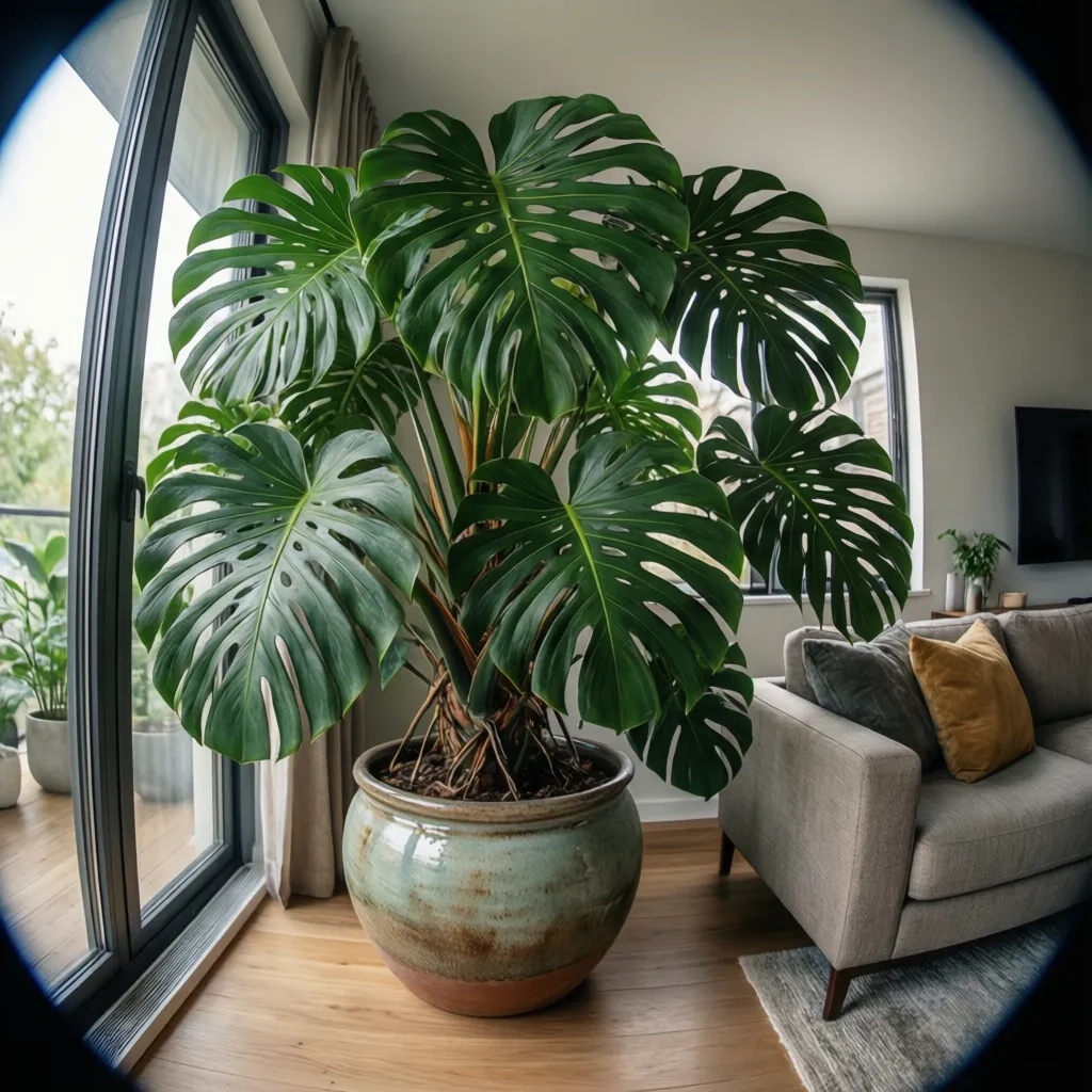 Large green plant in ceramic pot standing next to grey sofa in bright living room