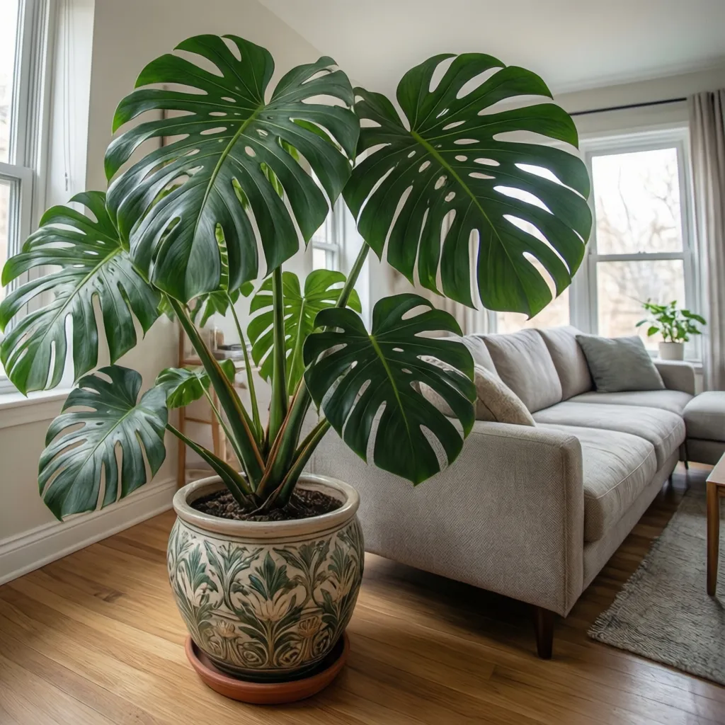 Monstera grande colocada junto a un sofá en un salón luminoso