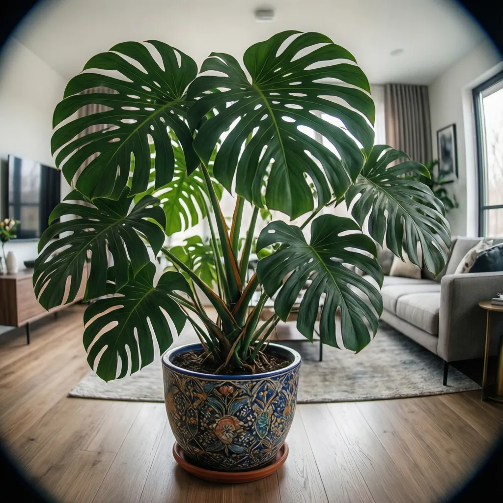 Monstera grande en maceta decorativa en un salón contemporáneo