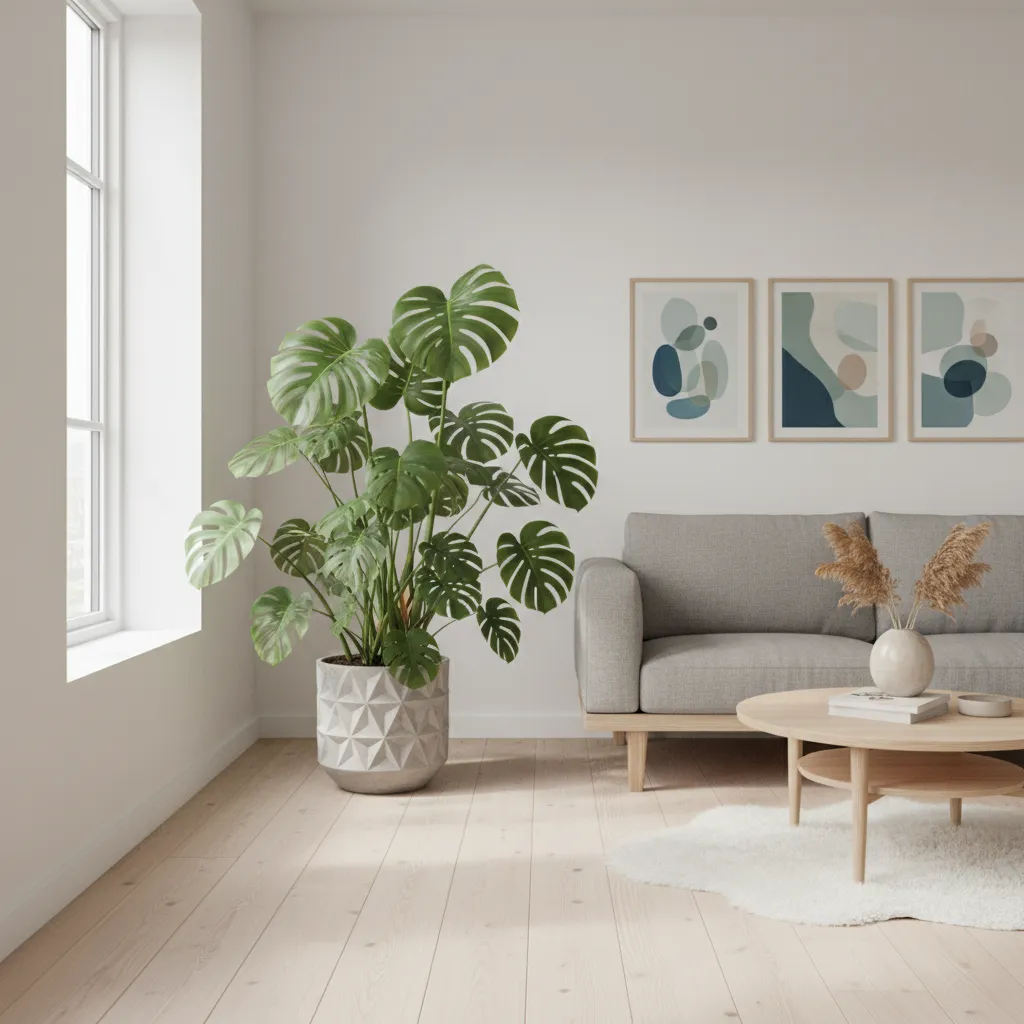 Planta monstera grande decorando una esquina del salón