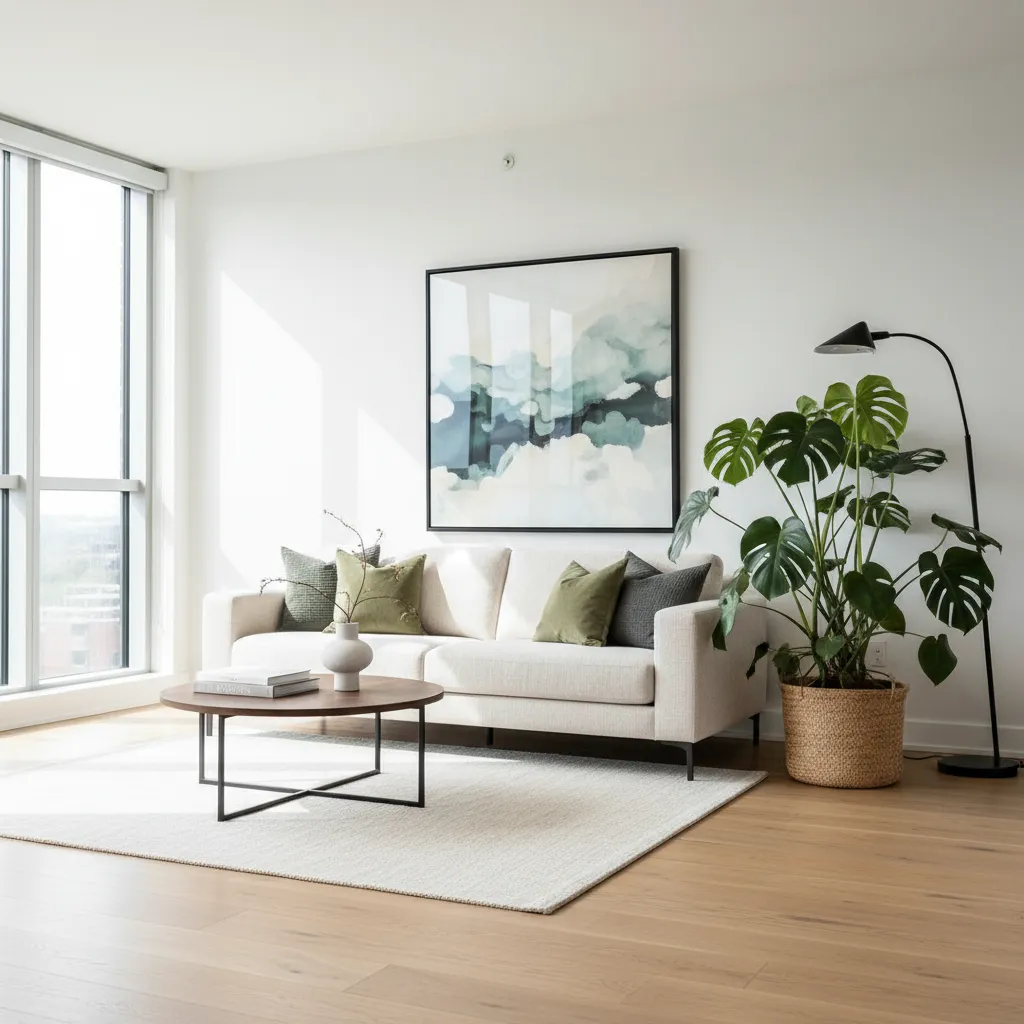 Planta monstera grande colocada junto a un sofá en un salón moderno