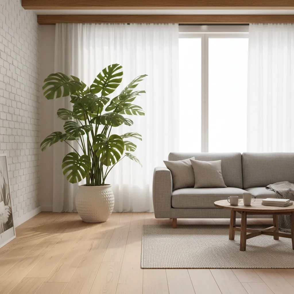 Monstera grande junto a una ventana en un salón luminoso