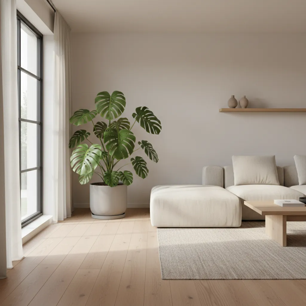 Monstera grande colocada en una esquina de un salón moderno