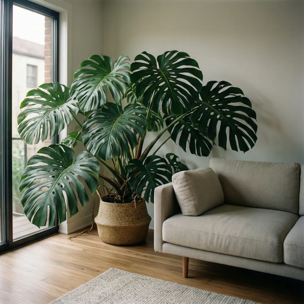 Planta monstera grande decorando un salón moderno