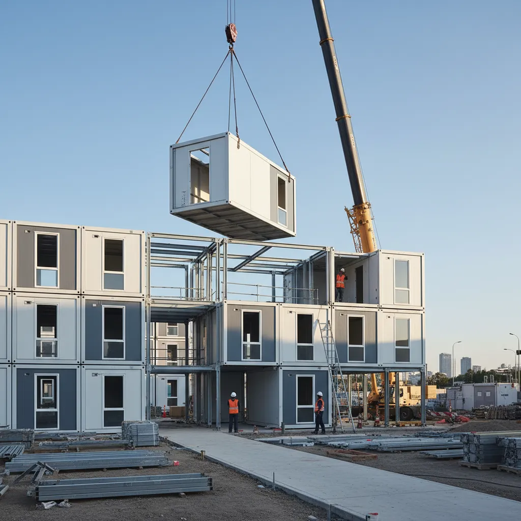 Large yellow crane lifting a modular home unit onto a steel frame at construction site