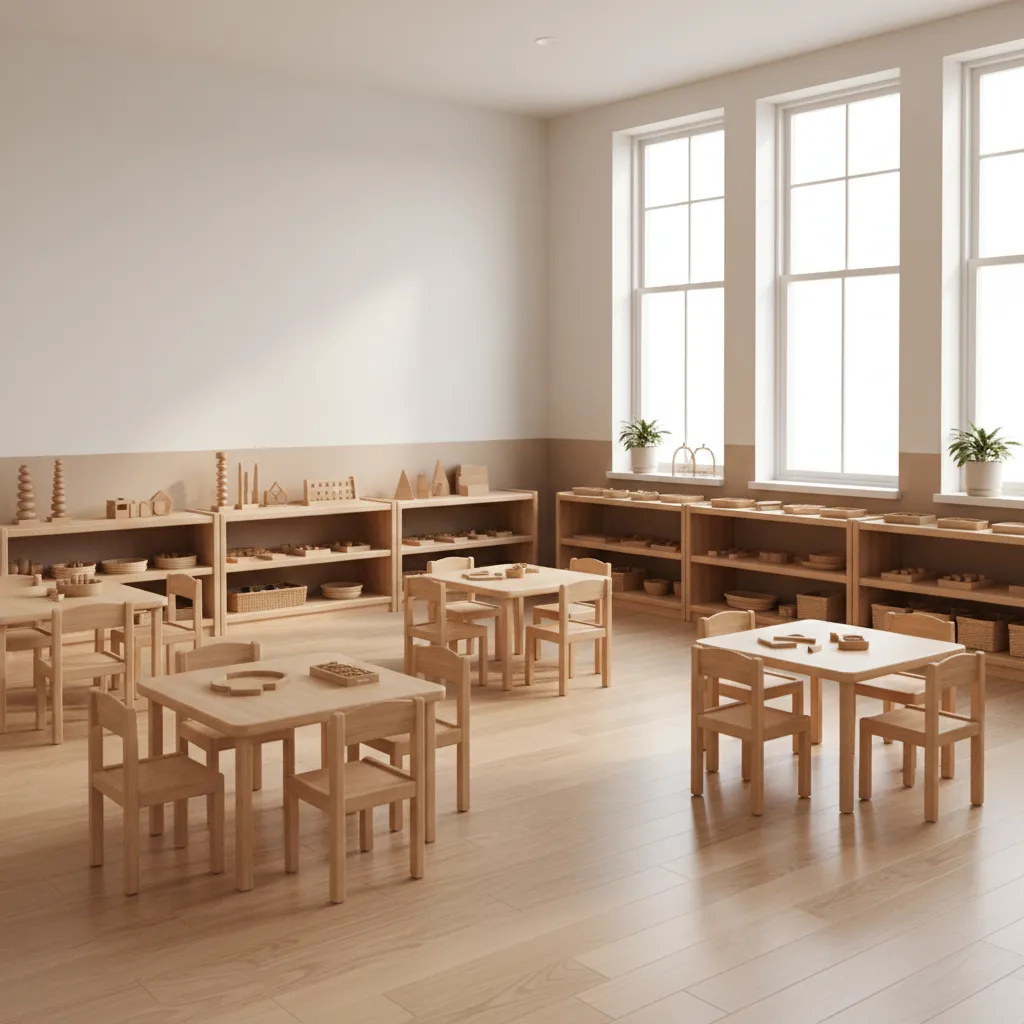 montessori daycare classroom with low shelves and child sized furniture