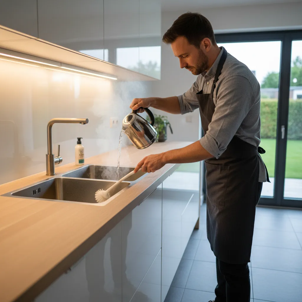 Pouring hot water into kitchen sink as part of monthly drain maintenance